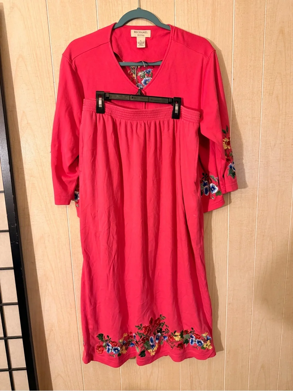 Bechamel Bright Red Pink Floral Embroidered Button-Front Cardigan Set